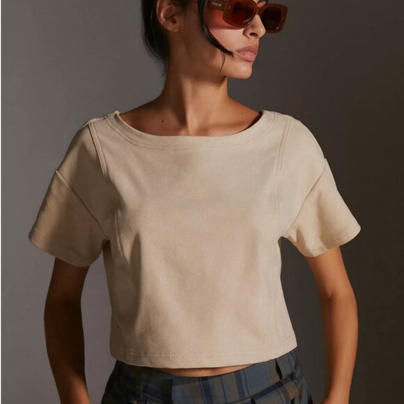 Anthropologie Tops - Anthropologie Pilcro Faux Suede Tee Size Large Beige Cropped Top